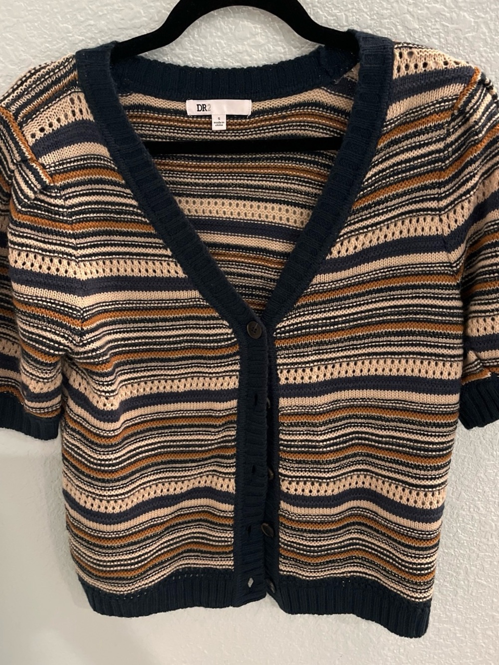 DR2 Navy, Beige & Tan Striped Short-Sleeve Knit Cardigan